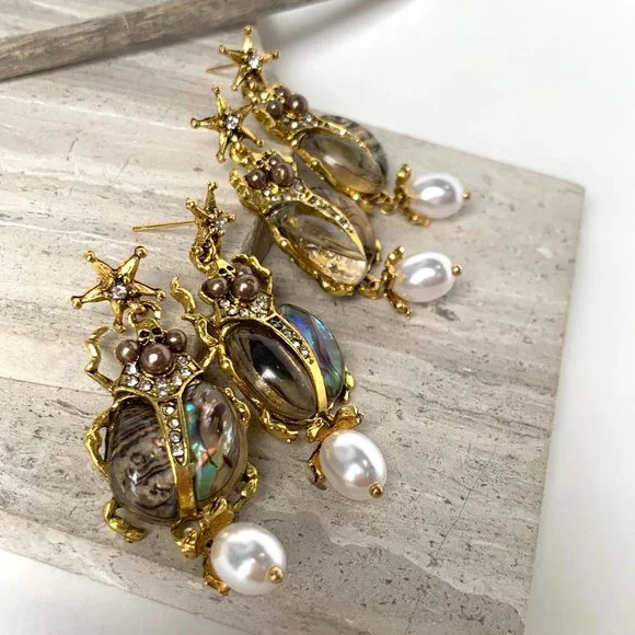 NEW~ Anthropologie Abalone Shell & Pearl Bug Earrings - Picture 4 of 9
